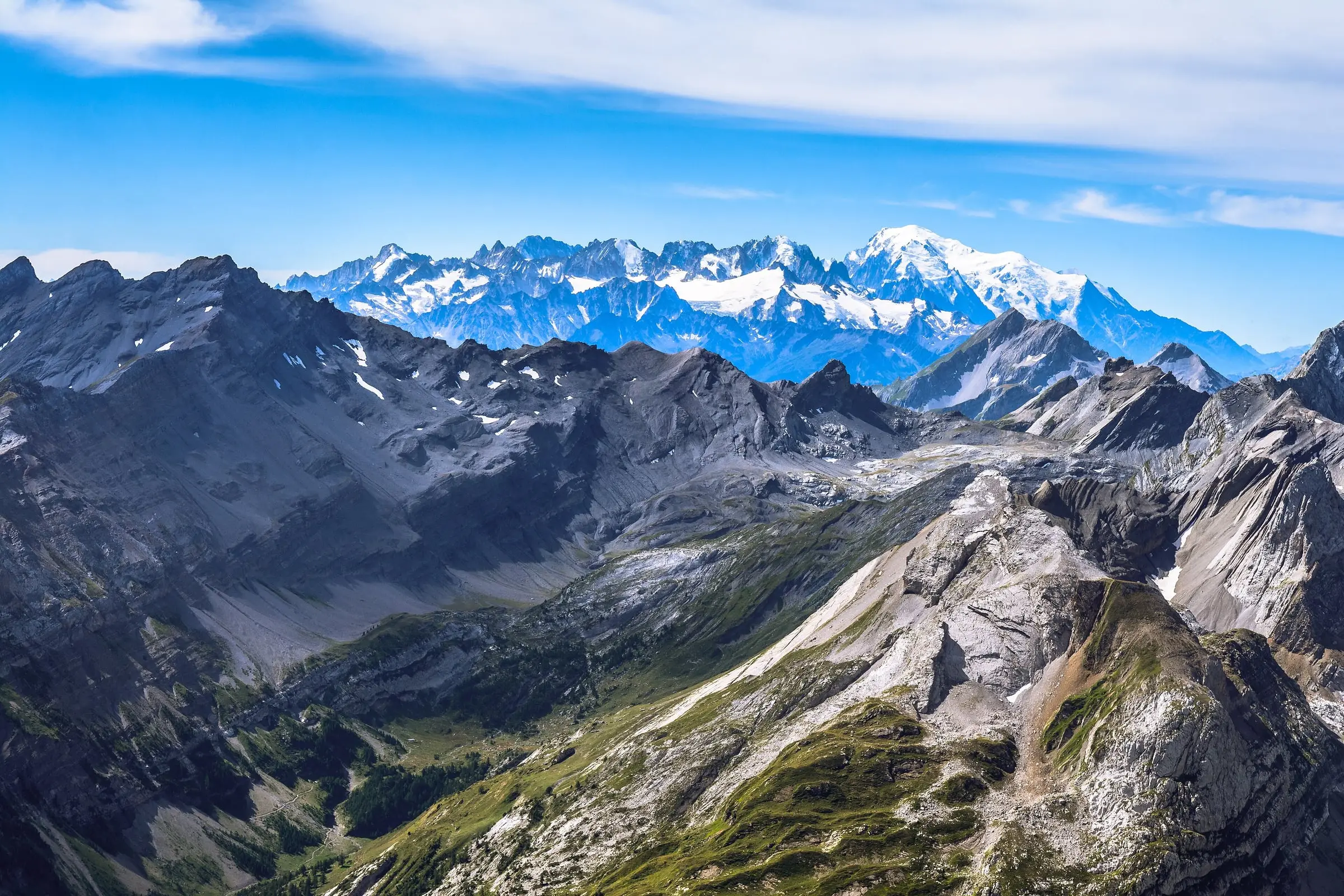 Mont Blanc massif beyond layered rocky ridges