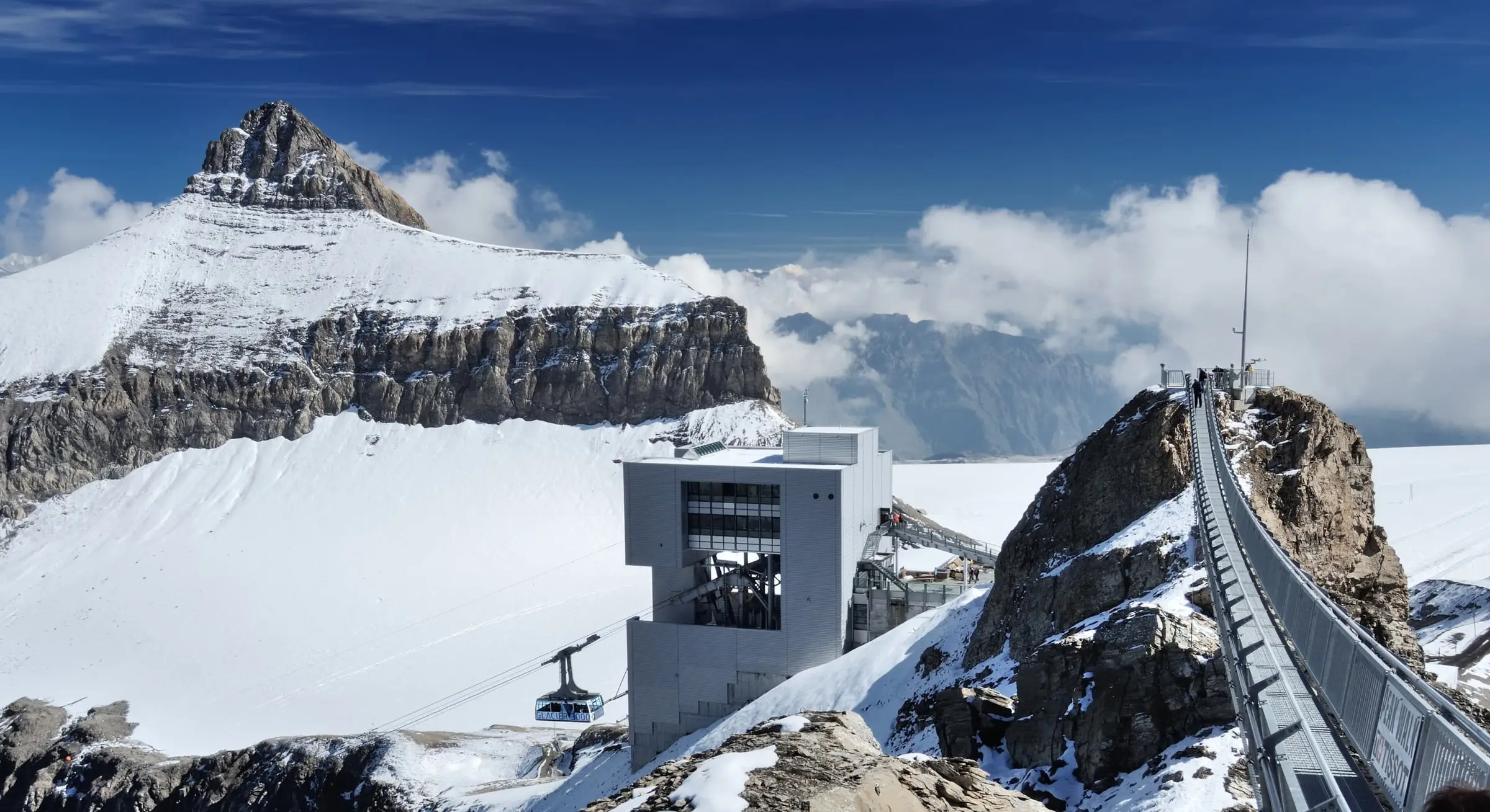 Top station and Peak Walk bridge above the snowy glacier