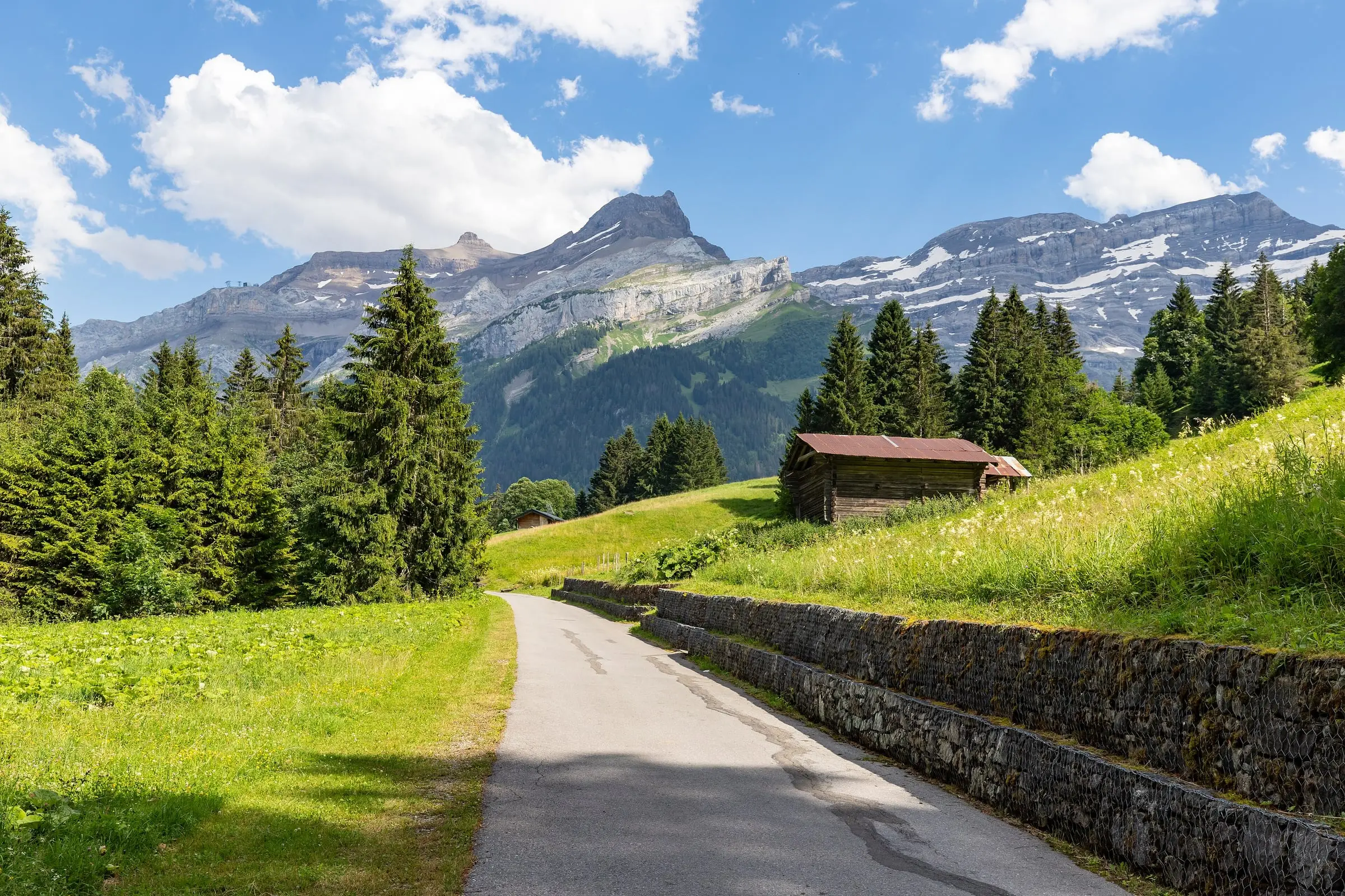 Landstraße durch Wiesen in Richtung Diablerets-Gipfel